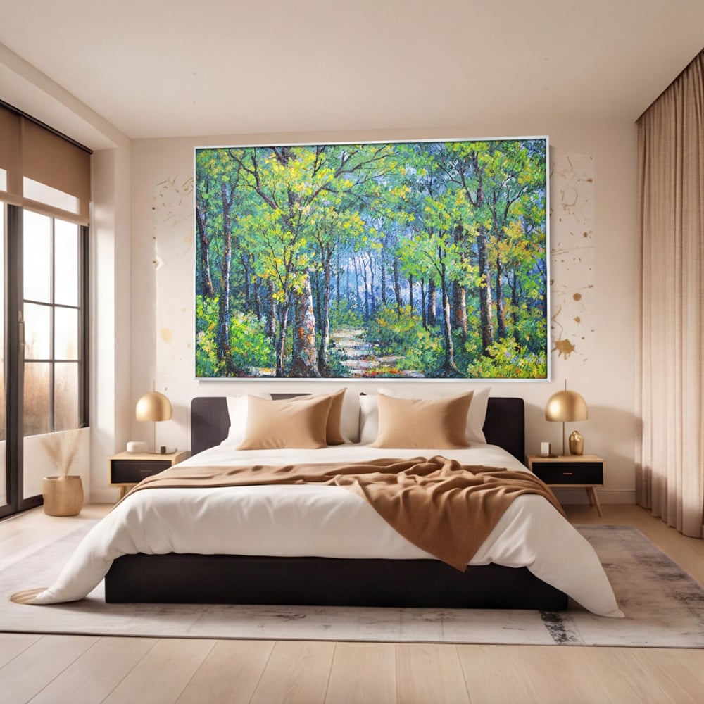 Tablou canvas cu tablou canvas cu peisaj de padure, in rama de aluminiu argintiu, pe perete intr-un dormitor